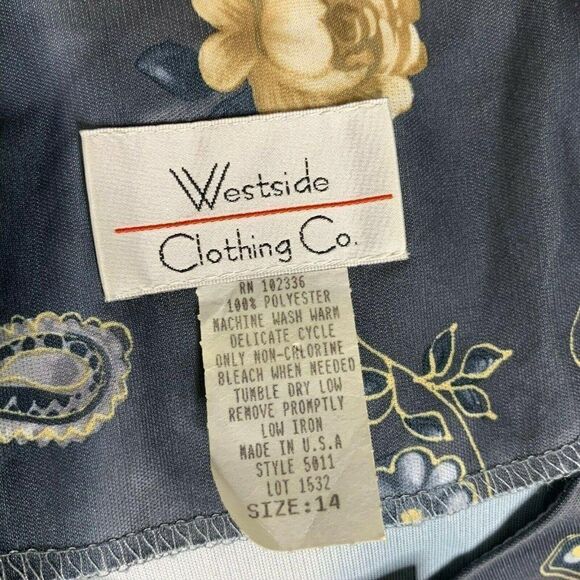 Vintage Midi Dress 14 Gray Floral Paisley 3/4 Sleeve Pockets Shoulder Pads - Picture 6 of 6